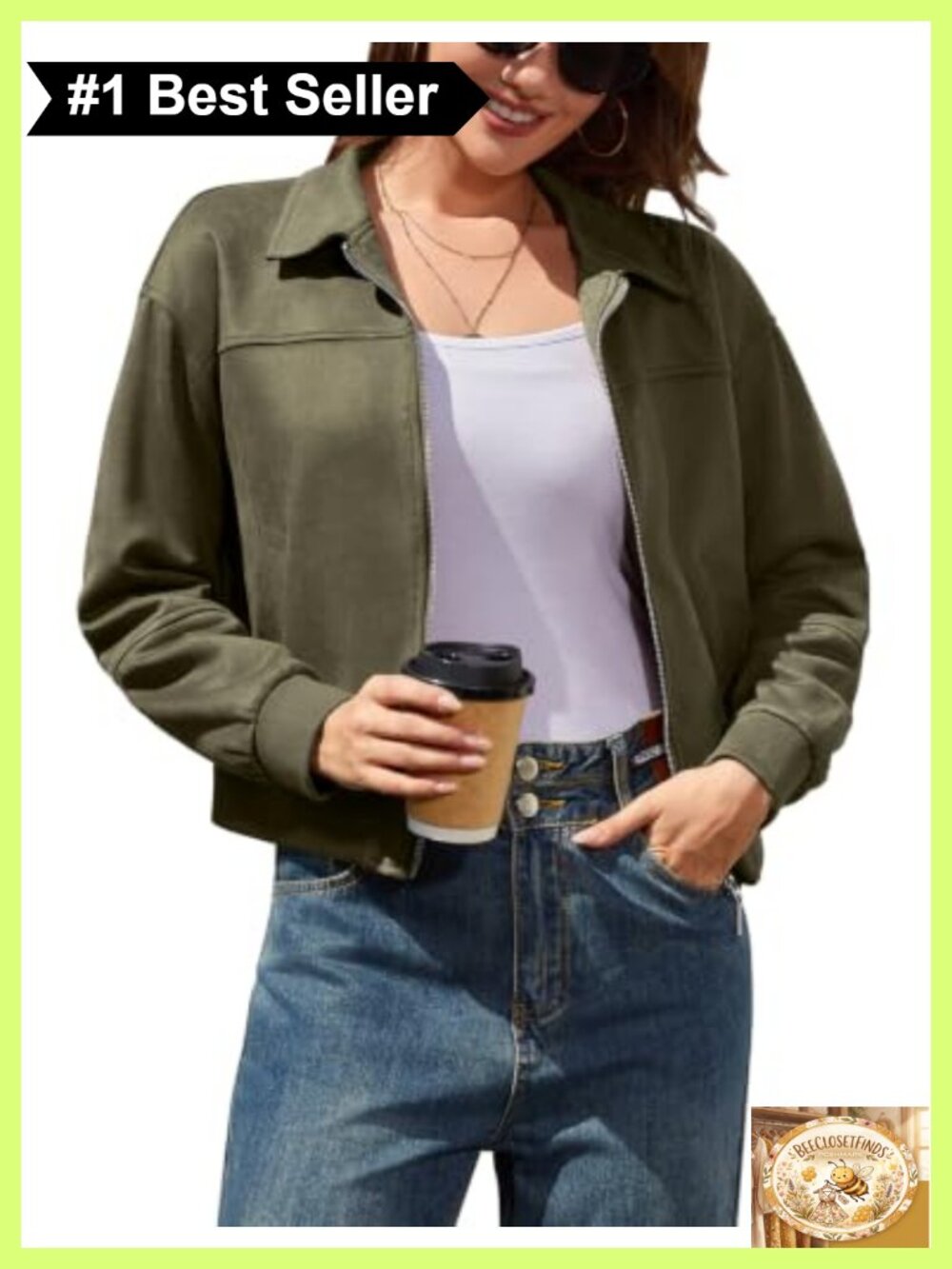 Women's Faux Suede Zip Up Bomber Jacket with Pockets, Cropped Casual Coat